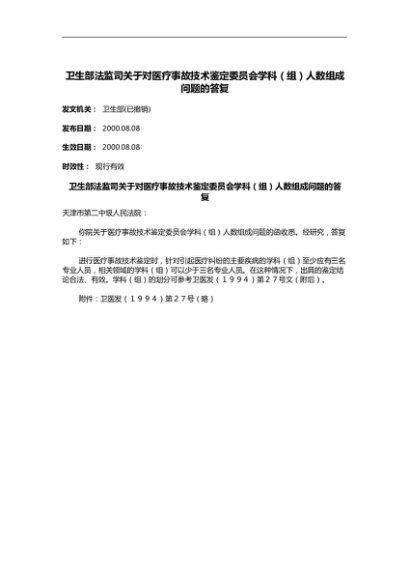 卫生部法监司关于对医疗事故技术鉴定委员会学科（组）人数组成问题的答复